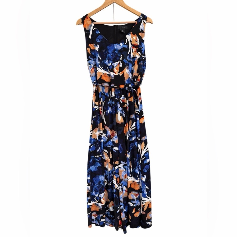 Tahari Vibrant Blue and Orange Floral Wide Pants Maxi Jumpsuit - Picture 1 of 6